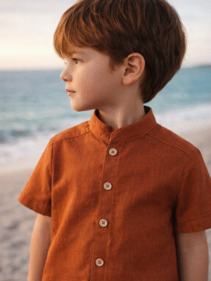 Camisa Lino Terracota Blanco invierno Manga Corta