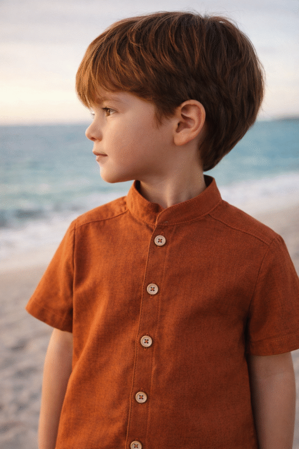 Camisa Lino Terracota Blanco invierno Manga Corta