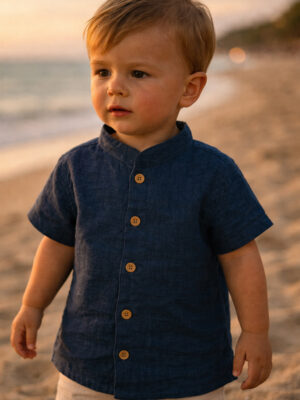 Camisa Lino Azul Marino Manga Corta